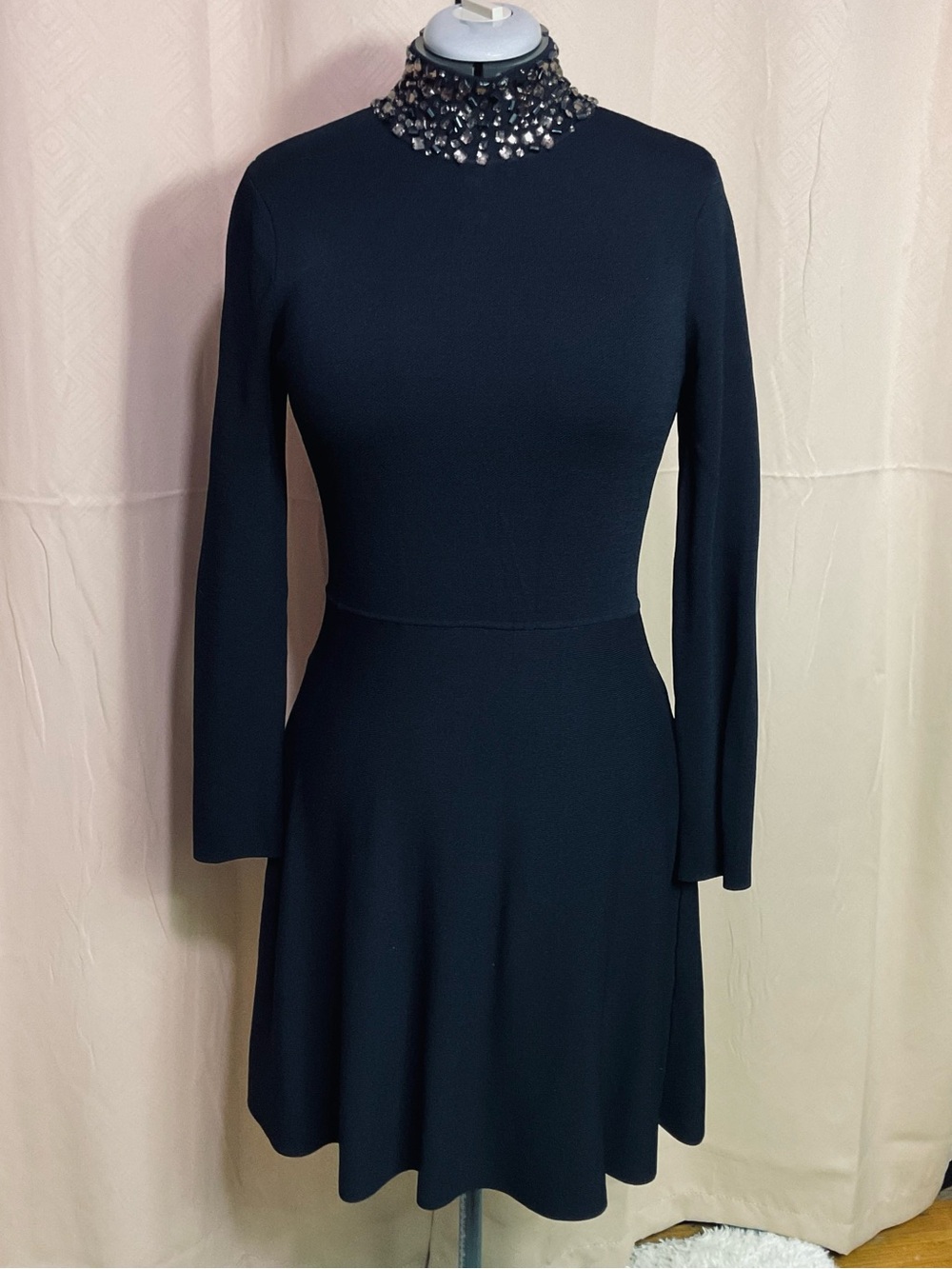 Eliza J Black Long-Sleeve Fit & Flare Dress with Jeweled Mock Neck